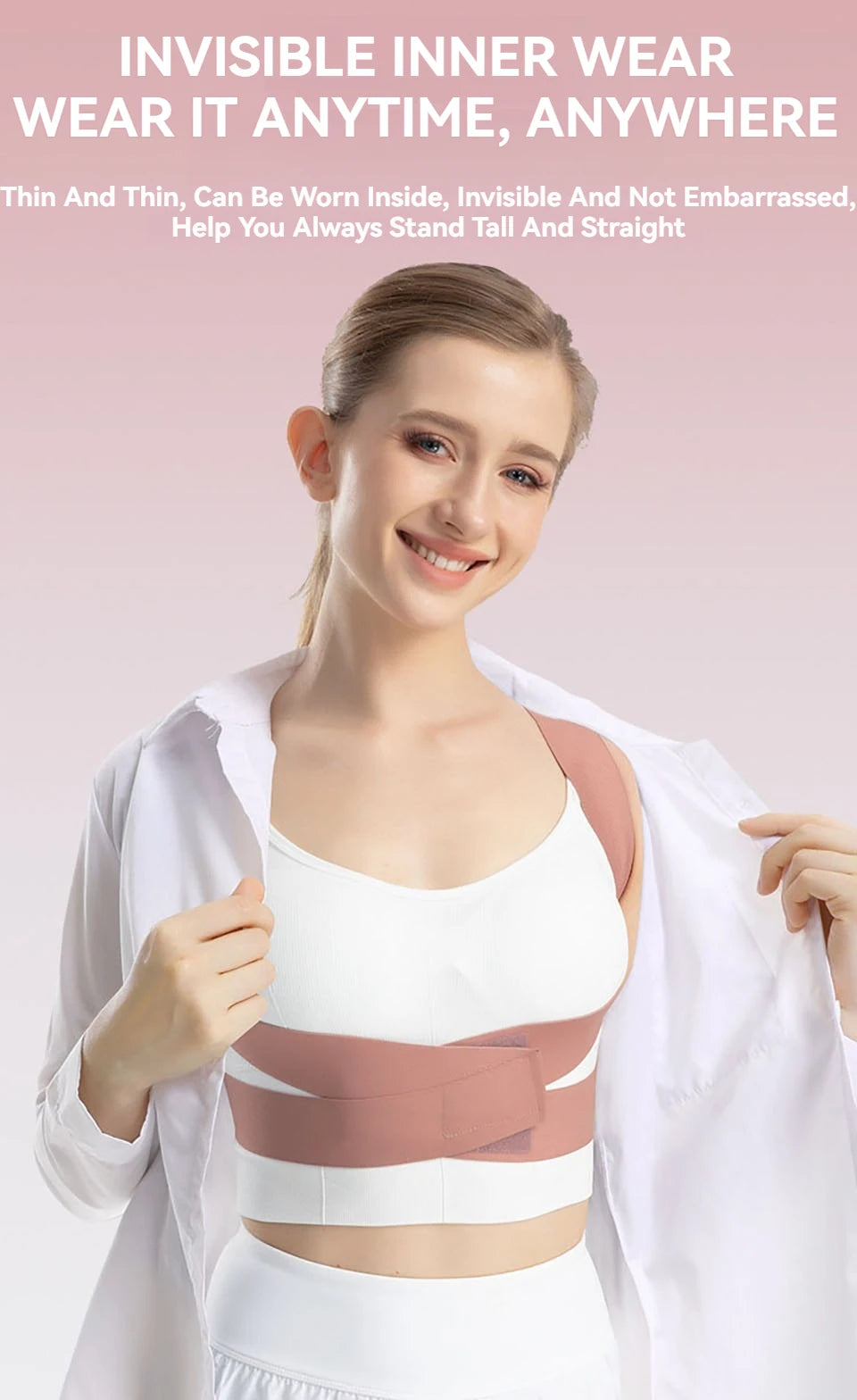 Unsichtbarer Haltungskorrektor unter Kleidung / Invisible posture corrector under clothing"
"Rückenstütze für Frauen und Männer / Back brace for women and men"
"Haltungskorrektur Schulterstütze / Posture correction shoulder support"
"Verstellbare Rückenbandage / Adjustable back brace"