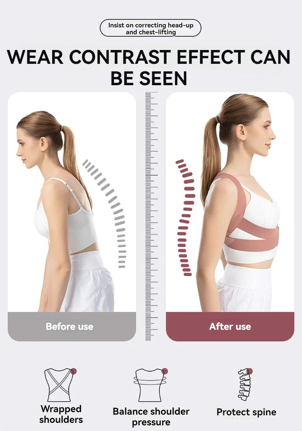 Unsichtbarer Haltungskorrektor unter Kleidung / Invisible posture corrector under clothing"
"Rückenstütze für Frauen und Männer / Back brace for women and men"
"Haltungskorrektur Schulterstütze / Posture correction shoulder support"
"Verstellbare Rückenbandage / Adjustable back brace"